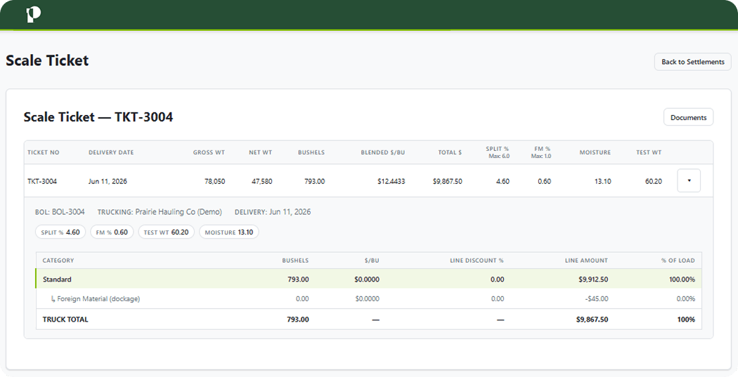GrowerOne scale ticket showing gross and net weight, bushels, blended price, and quality readings for a delivered load